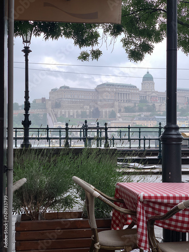 street cafe in budapest on the banks of the danube and Royal Palace Of Buda