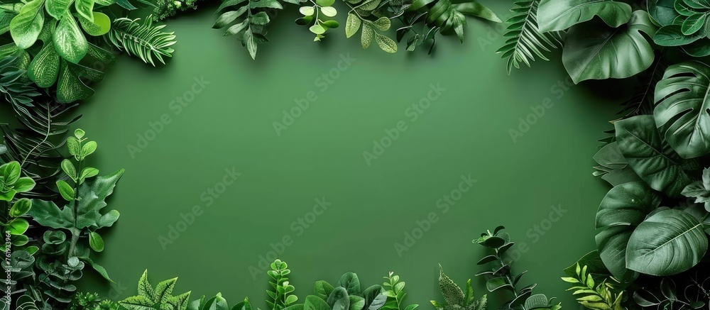 Top view of green artificial plants on colored backdrop with text space. Top view of green artificial plants on colored backdrop with text space.
