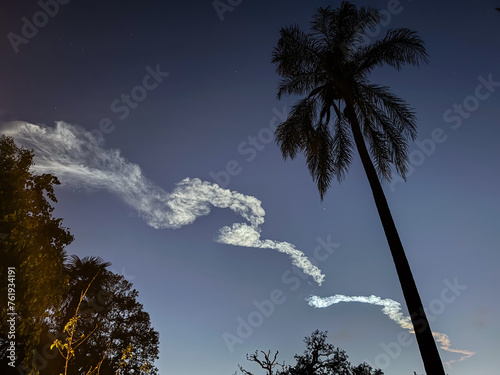 Strange cloud formation at dusk with a silhouette of a palm tree in the foreground, Los Angeles, Southern California