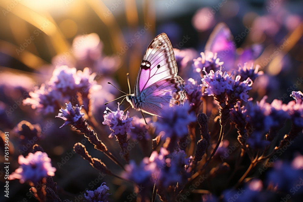 A violet butterfly pollinates a purple flower in the grass - obrazy, fototapety, plakaty 