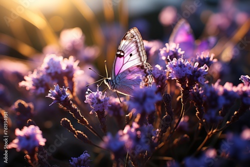 A violet butterfly pollinates a purple flower in the grass