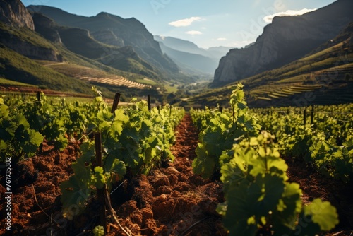 Vineyard planted in valley with mountains, blue skies, and lush greenery