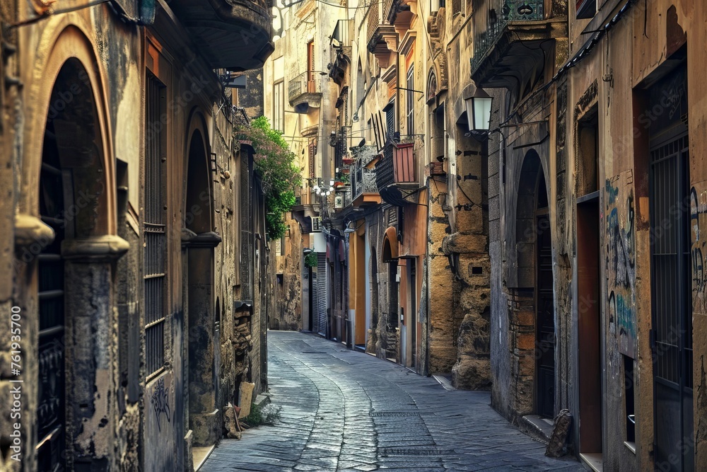 Lose yourself in the labyrinthine streets of an ancient city, where narrow alleys wind between centuries-old buildings, hiding secrets around every corner, Generative AI