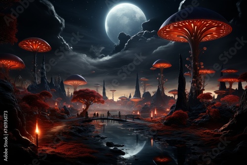 A nocturnal painting of a mushroom city under a full moon in the sky © yuchen