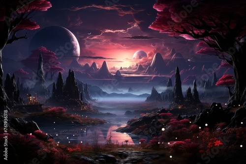 Art depicting a natural landscape with trees, water, and a moon in the sky