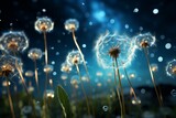 Electric blue dandelions dance in the nighttime sky