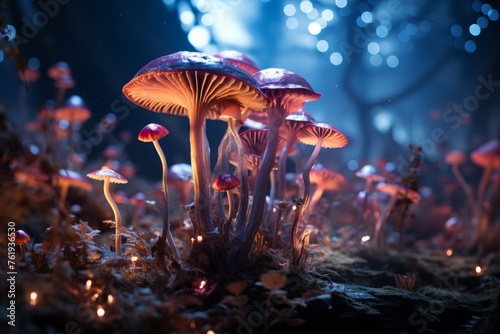 Electric blue agaricaceae mushrooms spread across the dark forest floor
