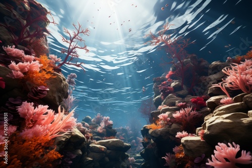 Sunlight filters through water on a vibrant coral reef below