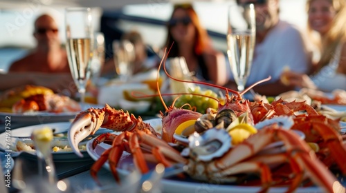 On the deck of a majestic yacht a diverse group of friends gather around a seafood feast. Succulent lobsters oysters and king crab legs fill their plates paired with glasses © Justlight