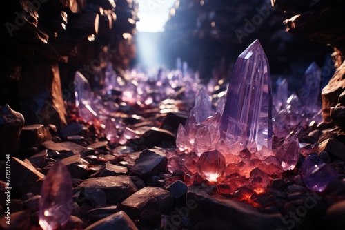 A building made of purple crystals and rocks in a city
