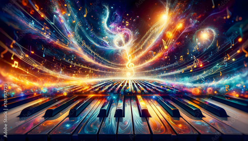  Cosmic piano keys explode into a universe of musical notes and vibrant galactic swirls. - obrazy, fototapety, plakaty 