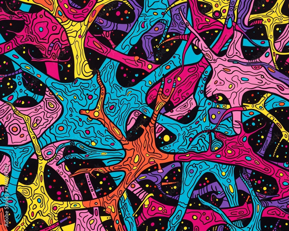 Fototapeta premium Psychedelic pattern of interconnected neurons, in the style of minimalist line art, appropriation artist, funk art