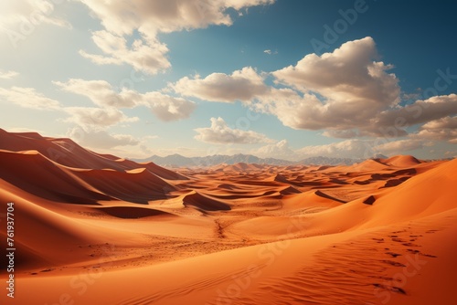 Sandy desert with dunes, mountains, and cumulus clouds in the sky