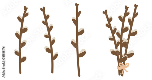 Willow branches set. Spring Easter branch. Cute plant in cartoon style. Collection of three branches and bouquet. Hand drawn vector illustration isolated on white.