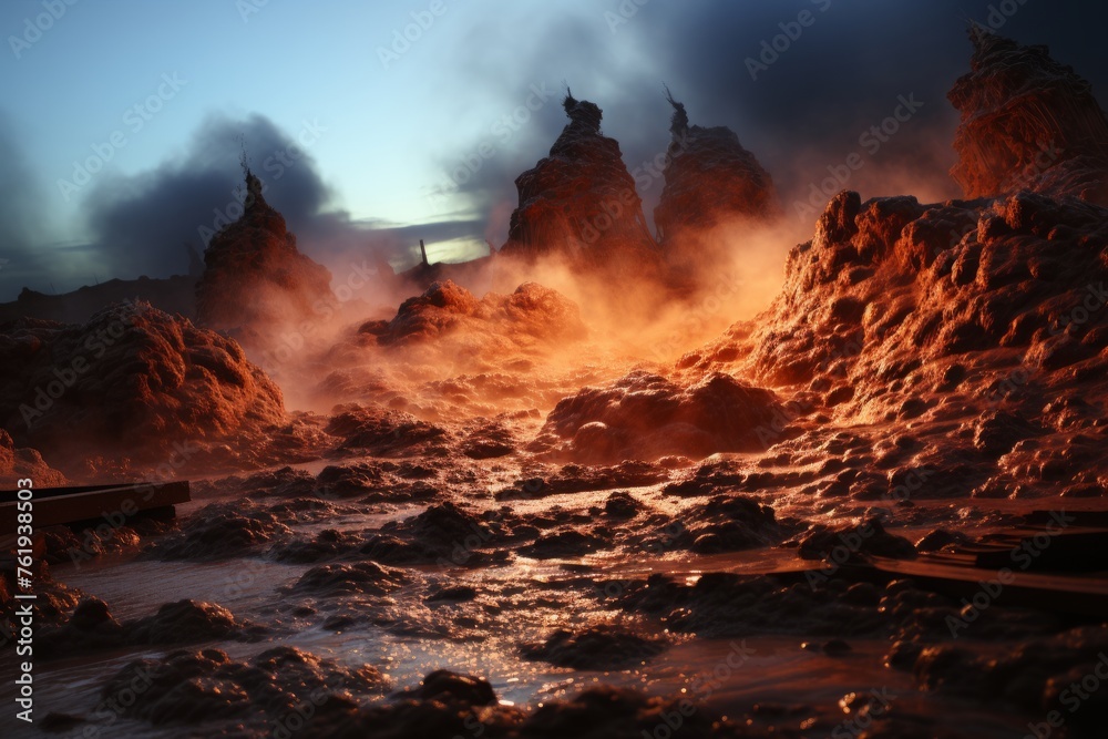 Volcanic landscape with rocks, smoke, and cumulus clouds in the sky