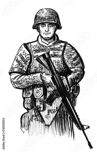 American soldier with assault rifle. Hand drawn retro styled black and white illustration