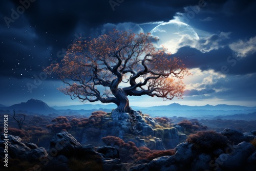 A tree on a rocky hill under a full moon in the night sky