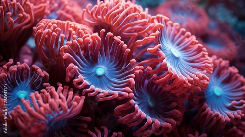 Macro shot of coral polyps, foundational builders of marine ecosystems, facing threats from ocean warming and acidification
