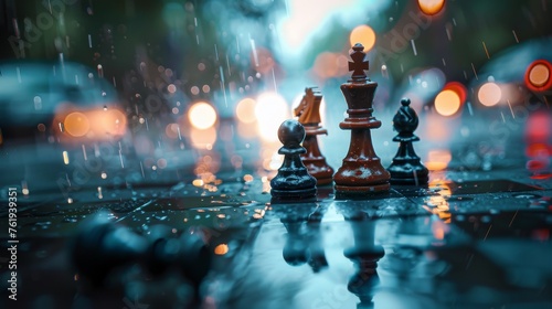 Chess pieces on a wet board, glowing under the city lights on a rainy evening, evoke a mood of contemplation and strategy.