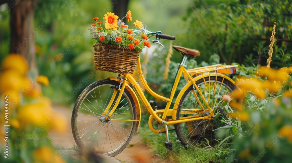 Fototapeta premium A bright yellow bicycle with a basket filled with flowers