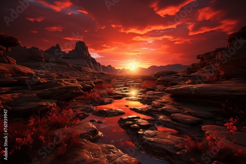 River meandering through rocky terrain under the sunset sky