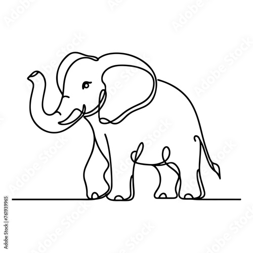 continuous single hand drawing black line art of elephant outline doodle cartoon sketch style vector illustration on white background