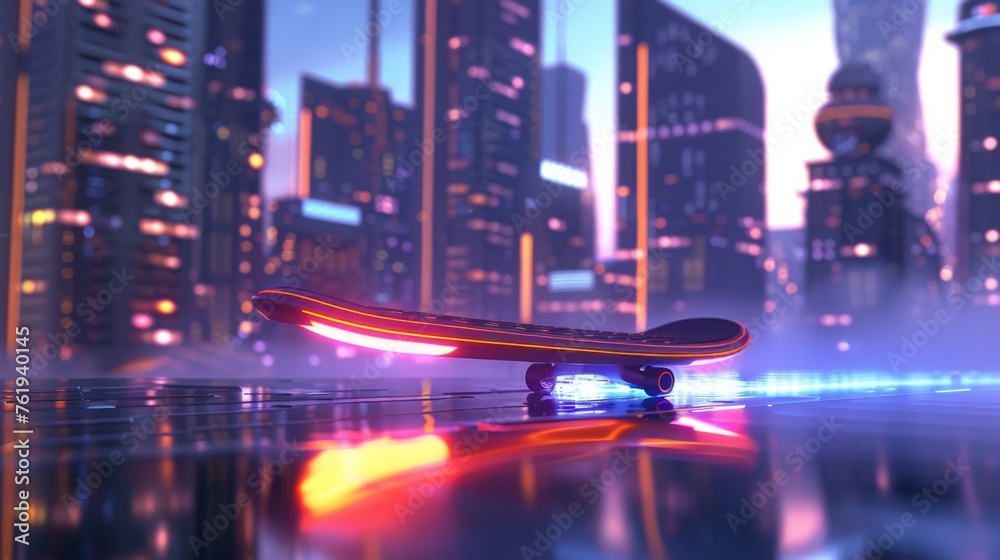 Advanced hoverboard skateboard gliding over cityscape, magnetic levitation in action, glowing underflow highlighting motion