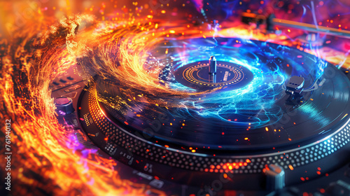 A turntable ignites a virtual tornado, with notes spiraling into an abstract explosion of futuristic color splashes, showcasing digital artistry