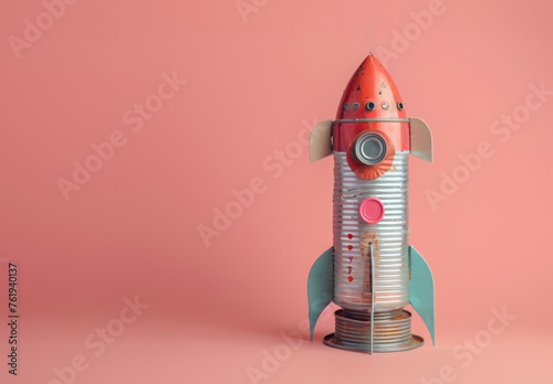 A whimsical recycled rocket crafted from stacked tin cans, with bottle cap control buttons and sturdy paper wings, ready for an eco-friendly space journey, isolated pastel background