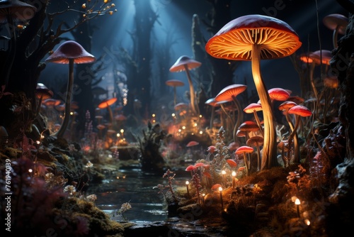 A variety of mushrooms flourish in the shadows of a dark forest at midnight