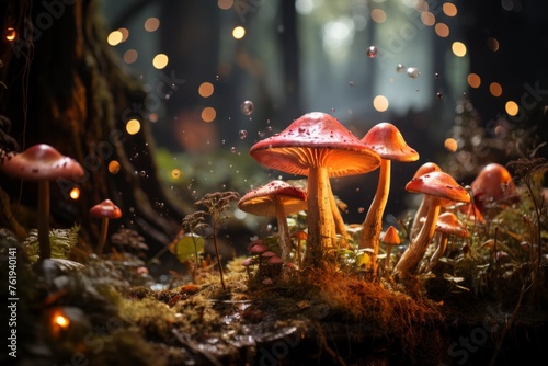 Agaricaceae fungi thrive among terrestrial plants in a dark forest landscape