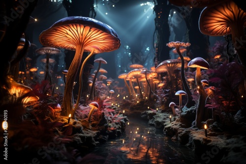 a forest filled with lots of mushrooms and trees