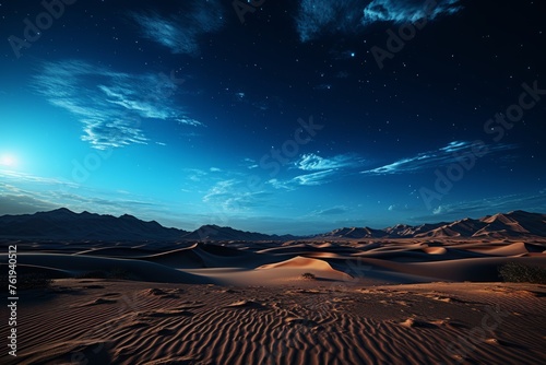 A desert landscape at night with mountains, the moon shining through the clouds
