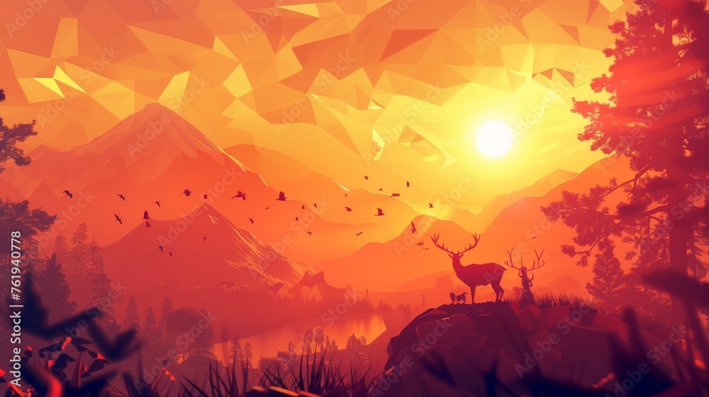 Polygonal dawn over geometric landscape, sunrise illuminating polygonal animals in an awakening world