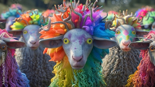Playful sheep in 3D, each with unique, surreal fantasy , colorful hairstyles ranging from pastel rainbow spikes to soft, curly locks