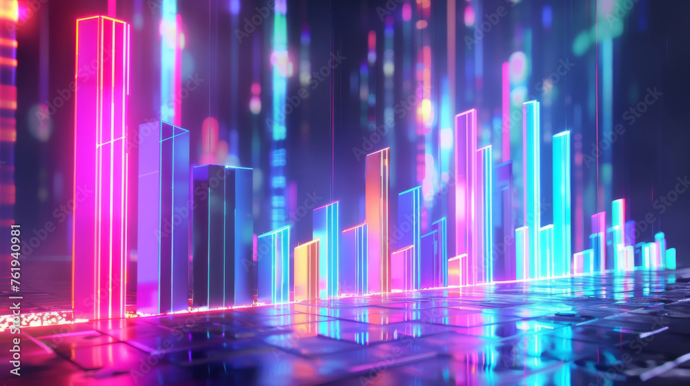 Vibrant 3D rendering of a stock graph under neon lights, showcasing a glow of creativity and dynamic market trends