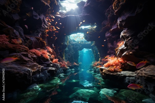 Electric blue sunlight shines through cave ceiling onto coralfilled water