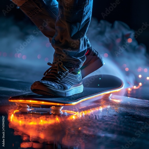 Waist-down view capturing the effortless glide of a hoverboard skateboard, focus on magnetic levitation and glowing underflow photo