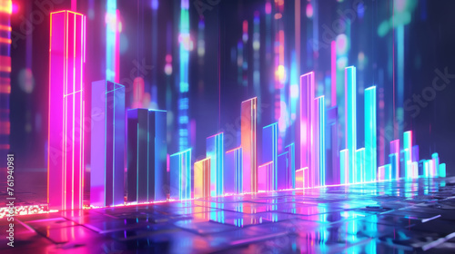 Vibrant 3D rendering of a stock graph under neon lights  showcasing a glow of creativity and dynamic market trends