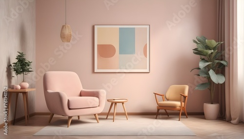 Minimalist composition of living room with picture frame and retro armchair. tone on tone. pastel. pink, baby blue, soft color.   © Gia