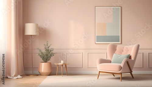Minimalist composition of living room with picture frame and retro armchair. tone on tone. pastel. pink  baby blue  soft color.  