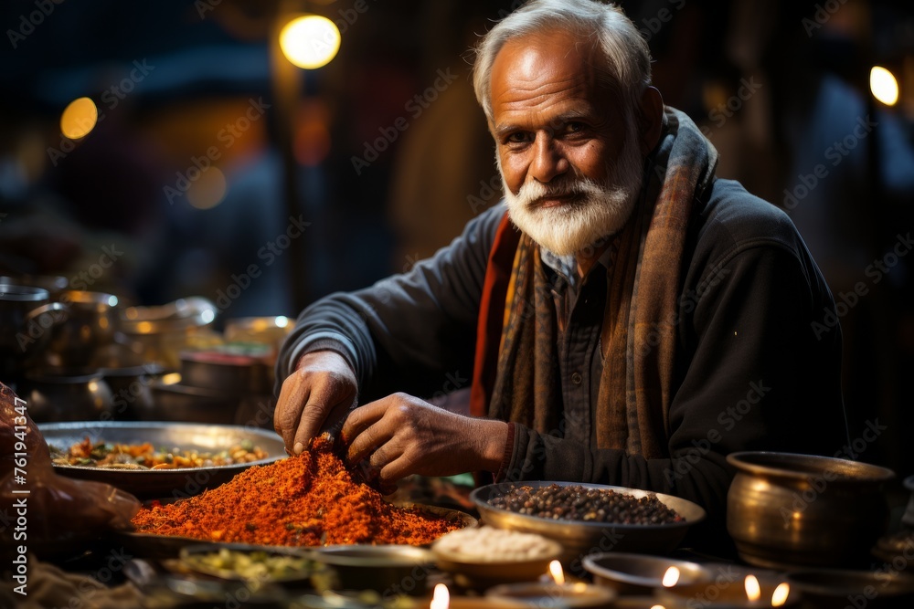 Bearded man at table with food bowls, enjoying cuisine