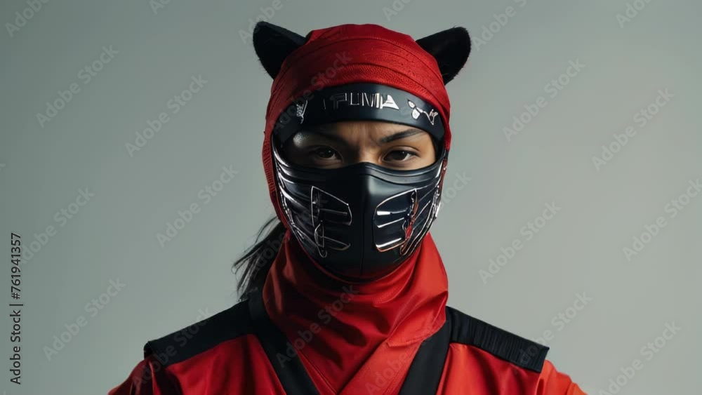 Figure in red ninja attire, wielding a sword with one hand, standing in a confrontational pose.
Figure in red ninja attire, wielding a sword with one hand, standing in a confrontational pose.