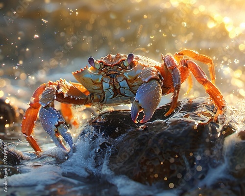 A crab navigating rocks on a sunlit beach, close-up, water droplets sparklingsuper detailed