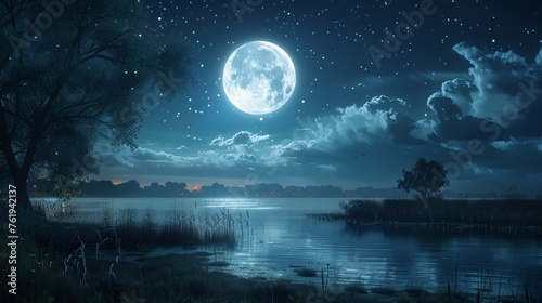 Beautiful moon shining down, casting a serene glow over a tranquil landscapesuper detailed