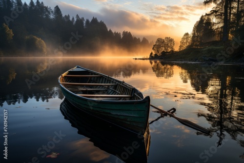 Boat drifting peacefully on lake waters as the sun sets behind the clouds