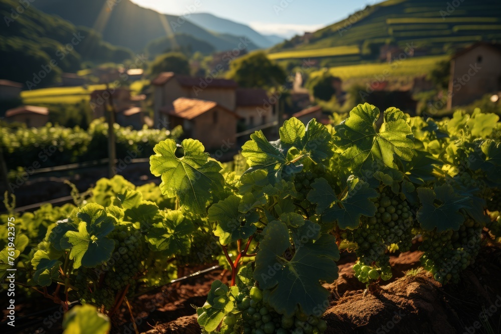 Vineyard with village, mountains, and sky in natural landscape