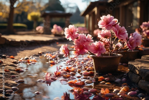 Potted plant with pink flowers sitting in water puddle