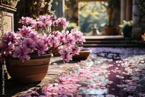 A pink flowerfilled plant sits by a pool of water photo