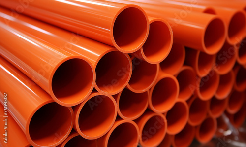 Generic plastic electrical conduits in orange stacked in a pile photo
